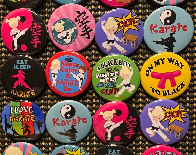 Karate, Martial Arts Pink Theme Pinbacks, Flatbacks or magnet buttons Party Favors, boys and girls Set of 20 or Set of 24 see description