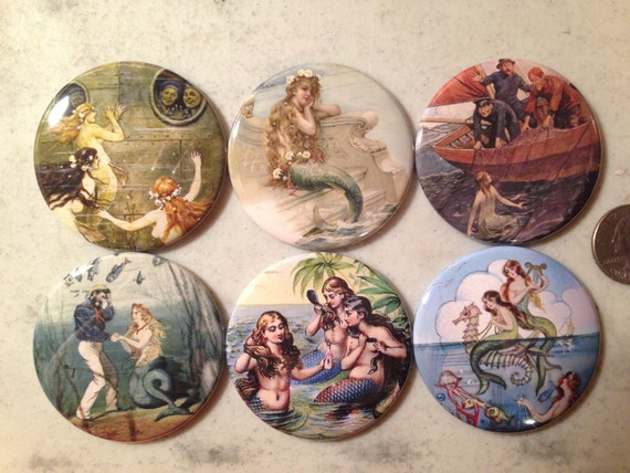 6 Vintage Mermaid Fridge Magnets Set 1. Choose your size/style.