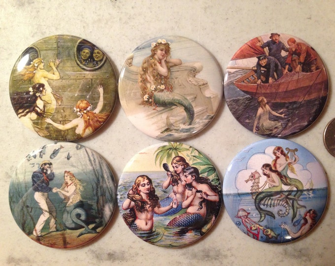 6 Vintage Mermaid Fridge Magnets Set 1.  Choose your size/style.