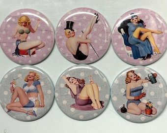6 Pinup  Fridge Magnets, pinbacks, flatbacks and more.  Choose your size/style. (s1)