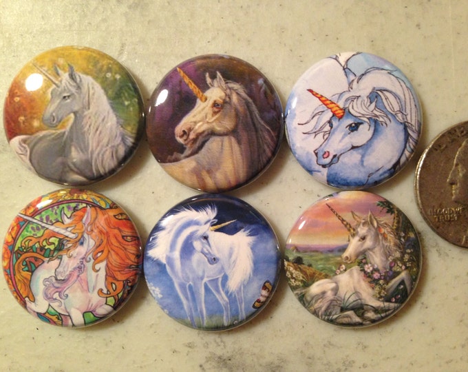6 Unicorn buttons Set #1 Pinbacks, magnets, or flatbacks.  You choose style and size