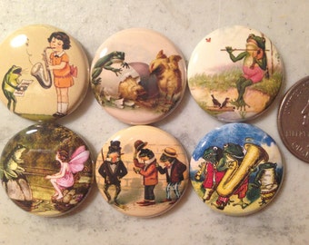6 Frog and Toad (vintage images) magnets, pinbacks, flatbacks, necklace and more!