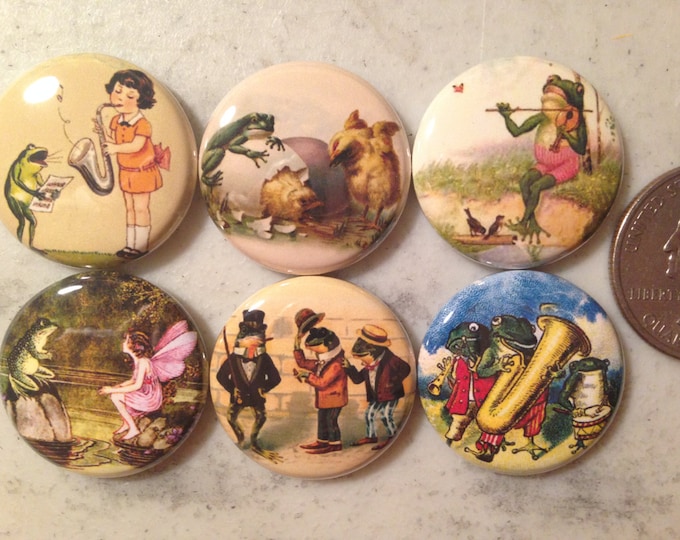 6 Frog and Toad (vintage images) magnets, pinbacks, flatbacks, necklace and more!