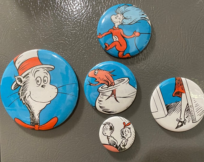 5 The Cat in the Hat magnet buttons, party favors from repurposed book Set 6