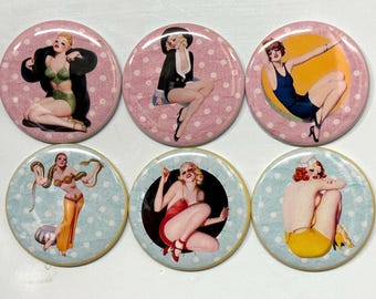 6 Pinups, pinbacks, flatbacks and more.  Choose your size/style. (s2)