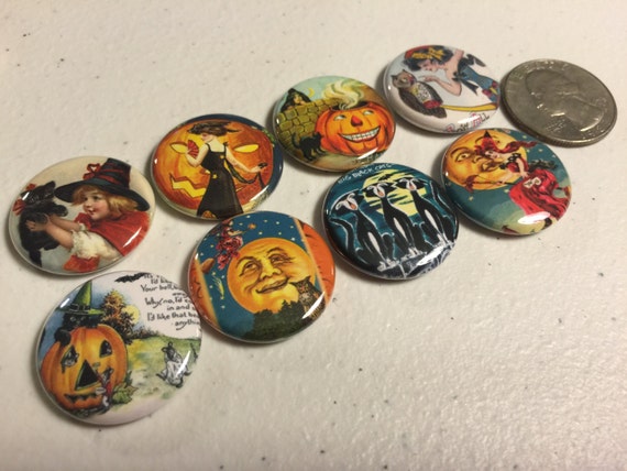8 Halloween Fridge Magnet buttons, pinbacks or flatbacks. Set 4 w/Vintage pictures. Several sizes/styles to choose from.