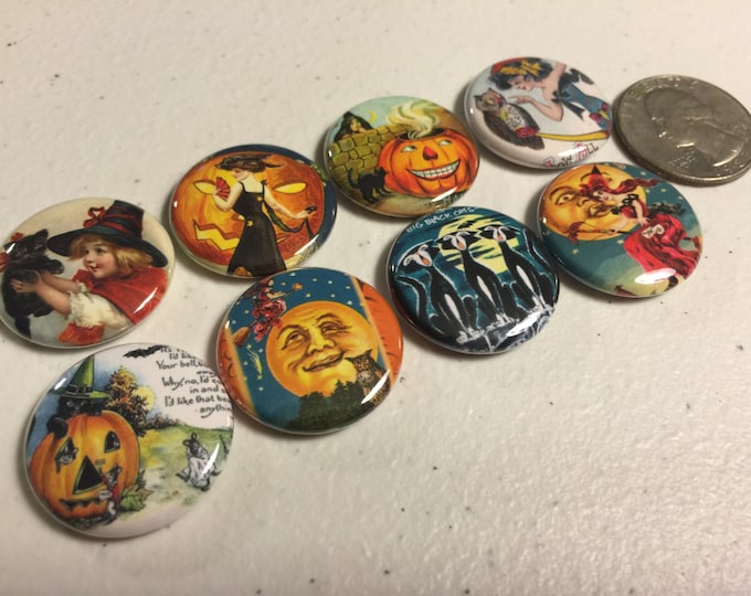 8 Halloween Fridge Magnet buttons, pinbacks or flatbacks. Set 4 w/Vintage pictures. Several sizes/styles to choose from.