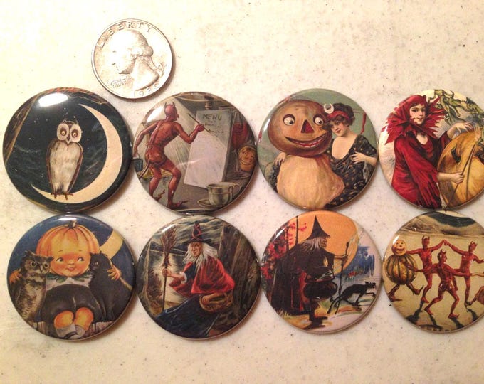 Halloween Buttons: Vintage Witch, Pumpkin, Owl - Set of 8
