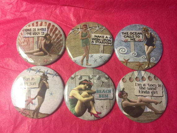 6 Beach Ladies Pinbacks or Magnet Buttons. Set 2. Several sizes/styles available