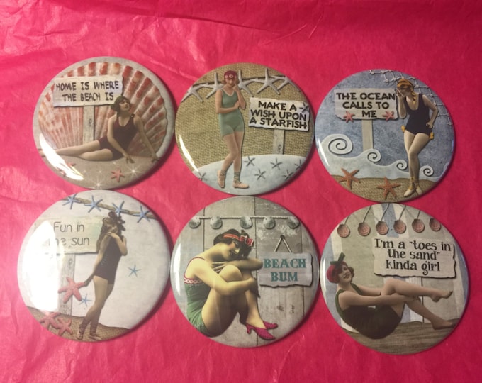 6 Beach Ladies Pinbacks or Magnet Buttons. Set 2.  Several sizes/styles available