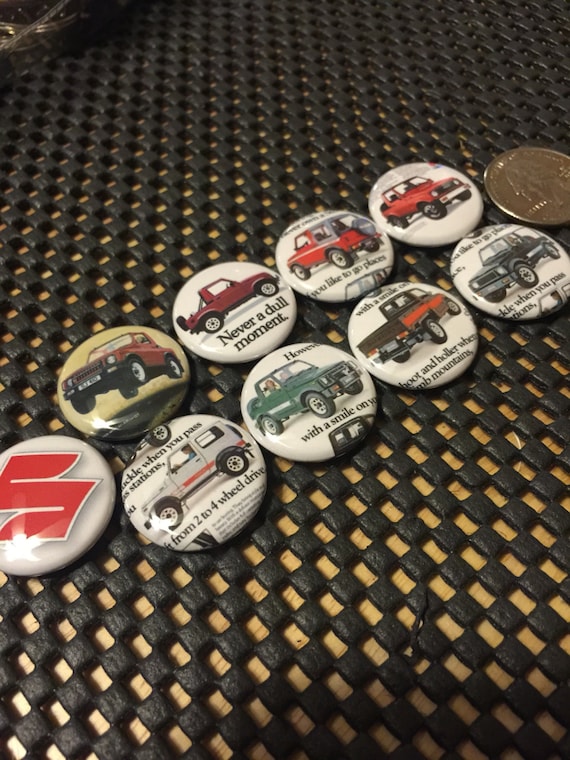 8 Suzuki Samurai buttons plus with Vintage pictures in several button sizes and styles. Includes an exta "S" logo button.