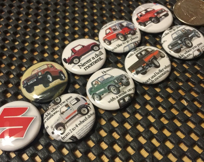 8 Suzuki Samurai buttons plus with Vintage pictures in several button sizes and styles.  Includes an exta "S" logo button.