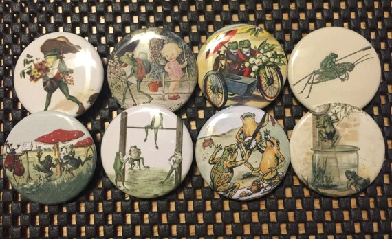 8 Frog fridge magnets, toads, frogs, reptiles, SET 6 with vintage pictures of frogs and toads