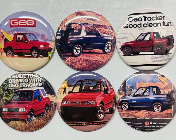 6 Geo Tracker 2 Door, Fridge magnets, pinbacks or flatbacks. Several sizes to choose from.