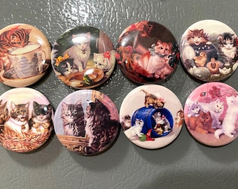 8 Kitten and Cat Fridge Magnets, pinback or flatback Set 2