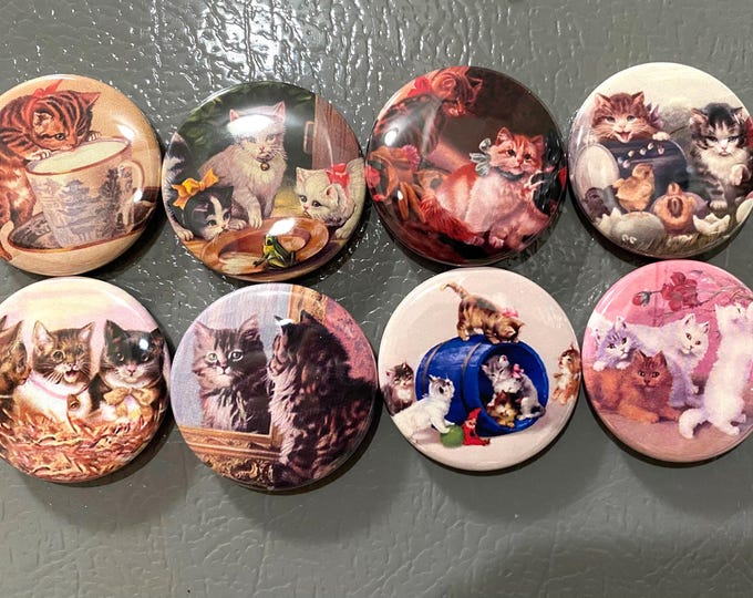 8 Kitten and Cat Fridge Magnets, pinback or flatback Set 2