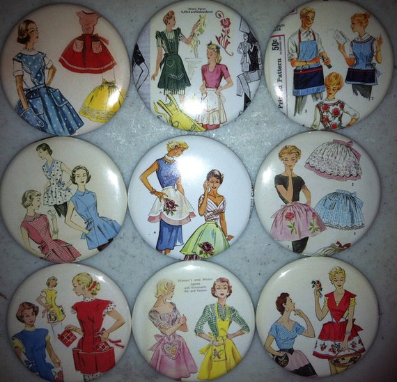 9 Apron Fridge Magnet Buttons or Pinbacks with Vintage pictures/Aprons, Kitchen, Cooking, Fridge Magnets