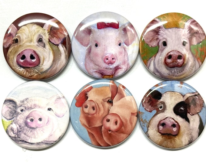 6 Adorable Pigs. Have them made as magnets, pinbacks, flatbacks, keychains, necklace set and more. You choose.