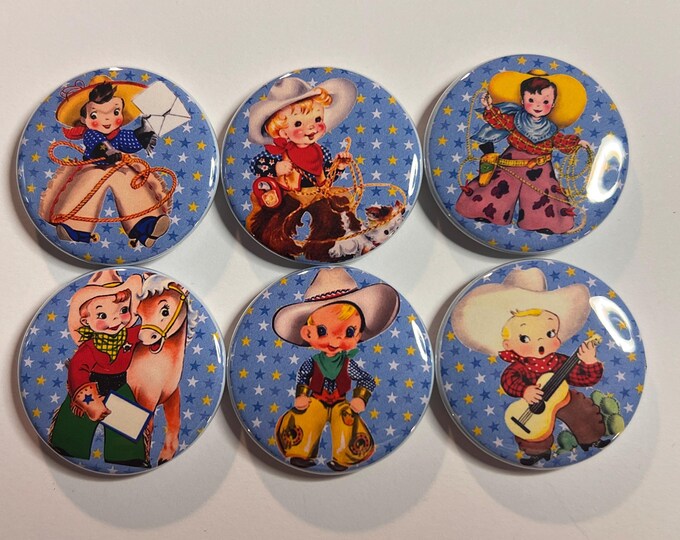 6 Cowboy kids Fridge Magnets, pinbacks, flatbacks and more.  Choose your size/style.