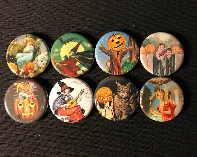 8 Halloween Fridge Magnet buttons, pinbacks, flatbacks Set 2 w/Vintage pictures, several sizes and styles to choose from