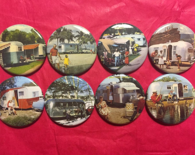 8 Retro Trailer Buttons, set2 available as pinbacks, flatbacks, fridge magnets and more.  Many sizes and styles to choose from. Set2.