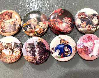 8 Kitten and Cat Fridge Magnets, pinback or flatback Set 2