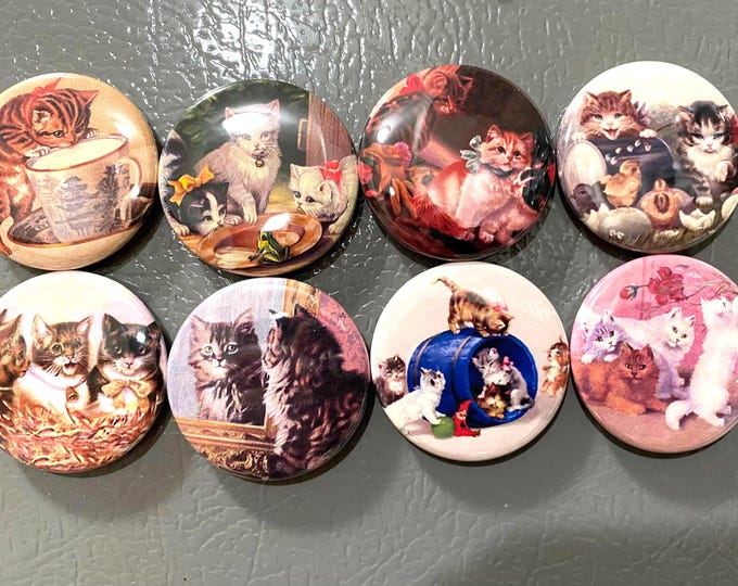 8 Kitten and Cat Fridge Magnets, pinback or flatback Set 2