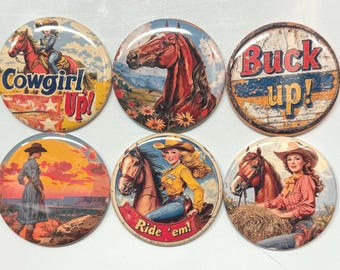 6 Cowgirl Fridge Magnets, pinbacks, flatbacks and more.  Choose your size/style. (s6)