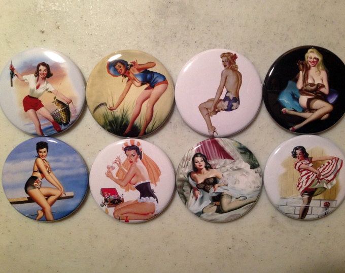 8 Pinup Girls Magnet Buttons or Pinbacks 1.5 inch buttons, Retro Vintage pin-up girls Set3