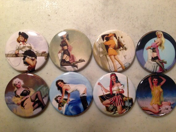 8 Pinup Girl Buttons Vintage Retro (Set 2) Several Button Sizes and Styles to choose from.