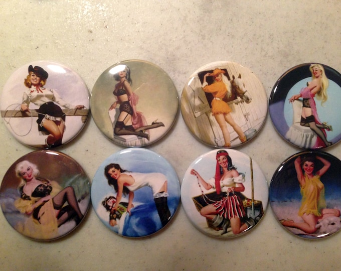 8 Pinup Girl Buttons Vintage Retro (Set 2) Several Button Sizes and Styles to choose from.