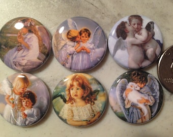 6 Angels buttons as magnets, zipper pulls, pinbacks, flatbacks etc.  Several Sizes and styles available.