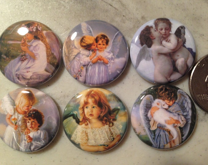 6 Angels buttons as magnets, zipper pulls, pinbacks, flatbacks etc.  Several Sizes and styles available.