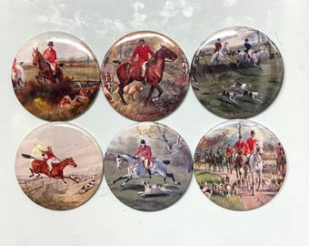 6 Fox Hunting, Equestrian, Hound dog Fridge Magnets or Pinback buttons or flatback buttons