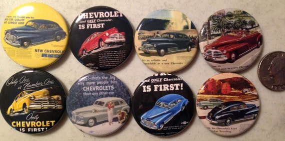8 Chevy fleetline buttons, available as pinback, flatbacks, magnets etc. Several button sizes to choose from.