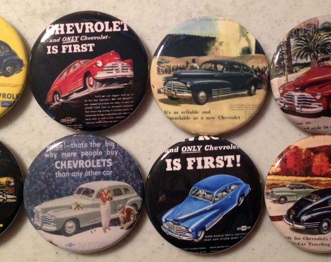 8 Chevy fleetline buttons, available as pinback, flatbacks, magnets etc. Several button sizes to choose from.