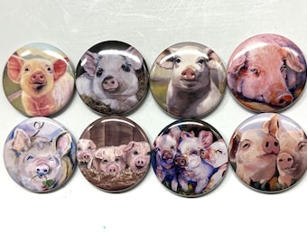 8 Cute Pig buttons, available as pinback, flatbacks, magnets etc. Several button sizes to choose from.