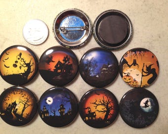 8 Halloween Spooky, Scary nighttime scenes, buttons, pinbacks, flatbacks , several sizes and styles to choose from