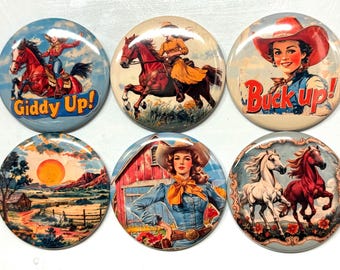 6 Cowgirl Fridge Magnets, pinbacks, flatbacks and more.  Choose your size/style. (s3)