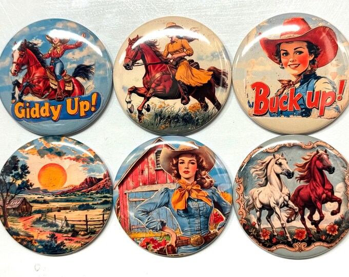 6 Cowgirl Fridge Magnets, pinbacks, flatbacks and more.  Choose your size/style. (s3)