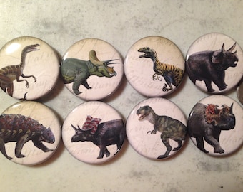 8 Dinosaur buttons, available as pinbacks, flatbacks, fridge magnets and more.  Many sizes and styles to choose from. Set 3