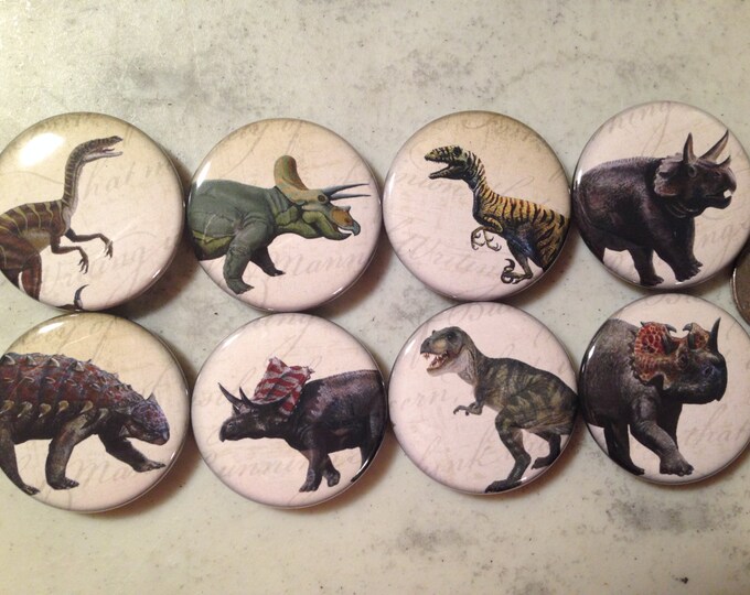 8 Dinosaur buttons, available as pinbacks, flatbacks, fridge magnets and more.  Many sizes and styles to choose from. Set 3
