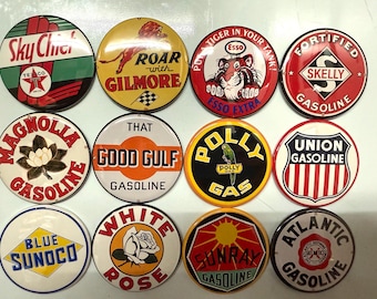12 Gas Station Sign buttons with pictures of vintage gas station signs