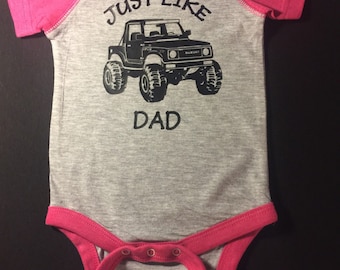 Suzuki Samurai Just Like Daddy, Just like Mommy Baby Onesies in Blue, Pink or Red Heather Colors "Limited Time only"