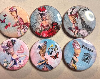 6 Marie Antoinette Shabby Chic Fridge Magnets.  Choose your size/style. (S2)
