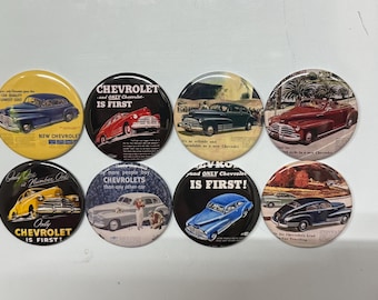 8 Chevy fleetline buttons, available as pinback, flatbacks, magnets etc. Several button sizes to choose from.
