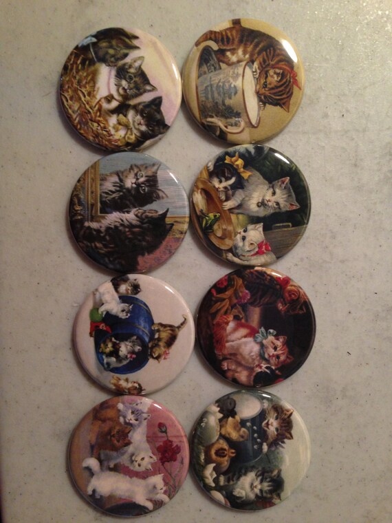 8 Kitten and Cat Fridge Magnets, pinback or flatback Set 2