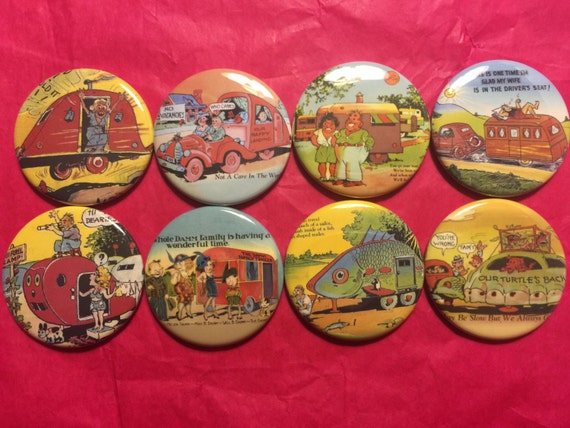 8 Vintage Trailer Buttons, set2 available as pinbacks, flatbacks, fridge magnets and more. Many sizes and styles to choose from. Set2.