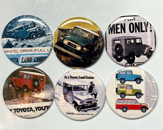 6 Toyota Land Cruiser, Pin-back buttons or Magnet Buttons. Several sizes/styles available (set1)