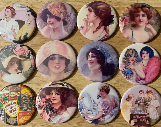 12 Tea Party, Party favors.  Your choice of pinbacks, flatbacks, fridge magnets or Mirror back.  Several Sizes available